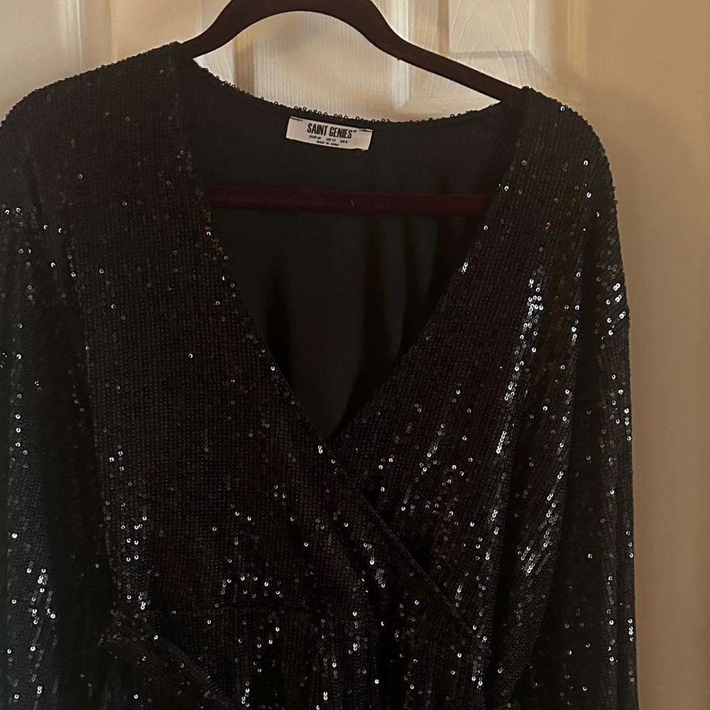Chic Black Sequin Wrap Jumpsuit - image 2
